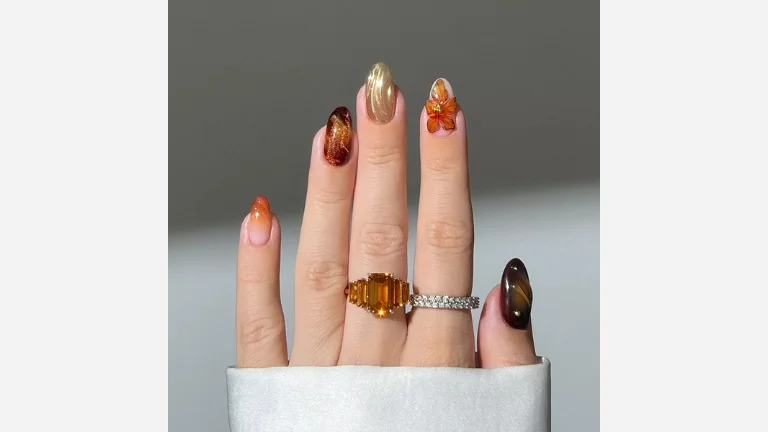 30 Fall Nail Designs You’ll Be Obsessed With 6 3D Autumn Mismatch Nails